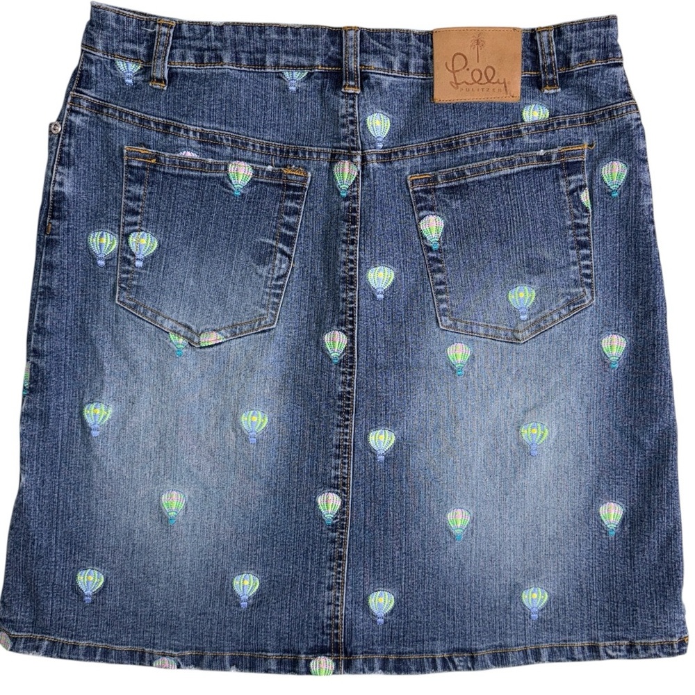 Lilly Pulitzer Vintage Denim Skirt Hot Air Balloon Embroidered Size 8